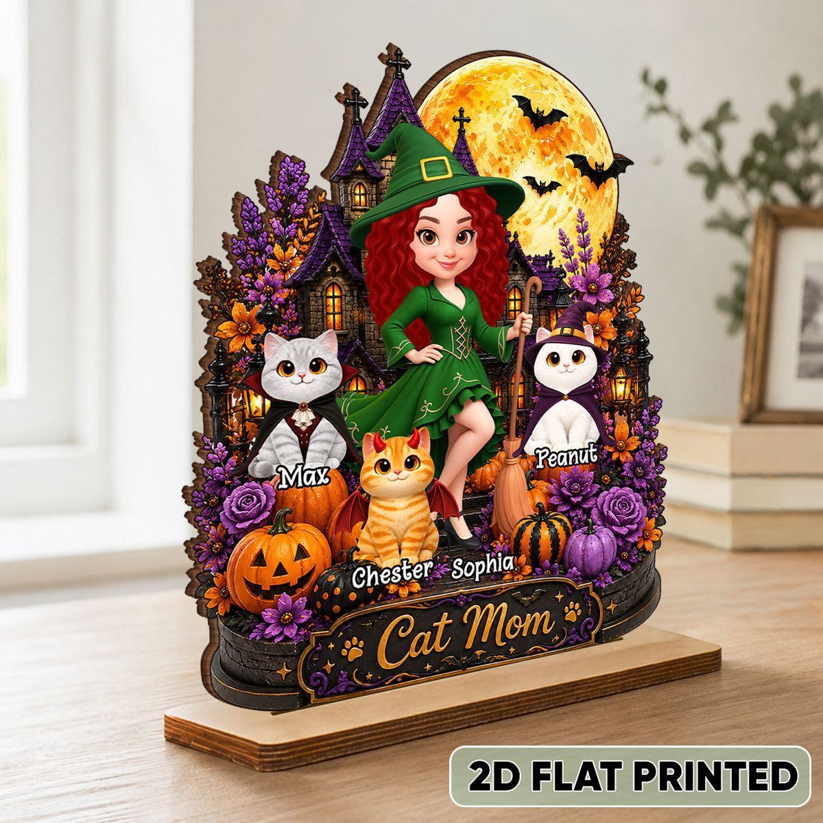 Cat Mom Witch Haunted House Moon - Personalized 2-Layered Wooden Plaque - Gift For Mom