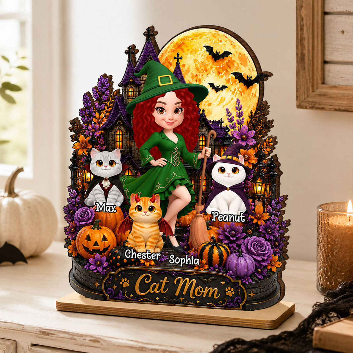 Cat Mom Witch Haunted House Moon - Personalized 2-Layered Wooden Plaque - Gift For Mom