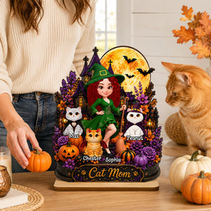 Cat Mom Witch Haunted House Moon - Personalized 2-Layered Wooden Plaque - Gift For Mom