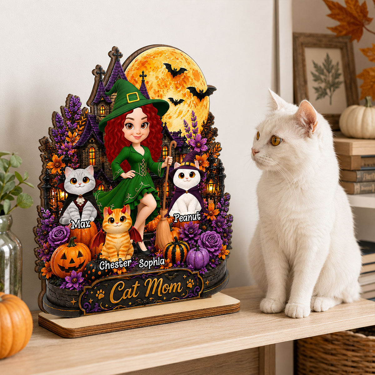 Cat Mom Witch Haunted House Moon - Personalized 2-Layered Wooden Plaque - Gift For Mom