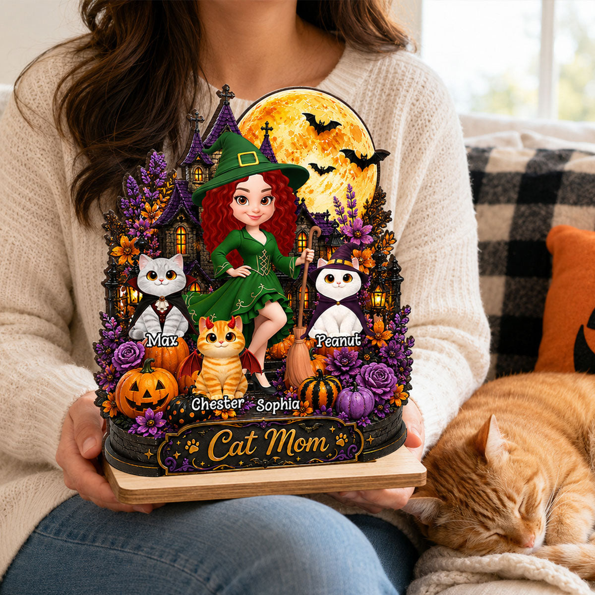 Cat Mom Witch Haunted House Moon - Personalized 2-Layered Wooden Plaque - Gift For Mom