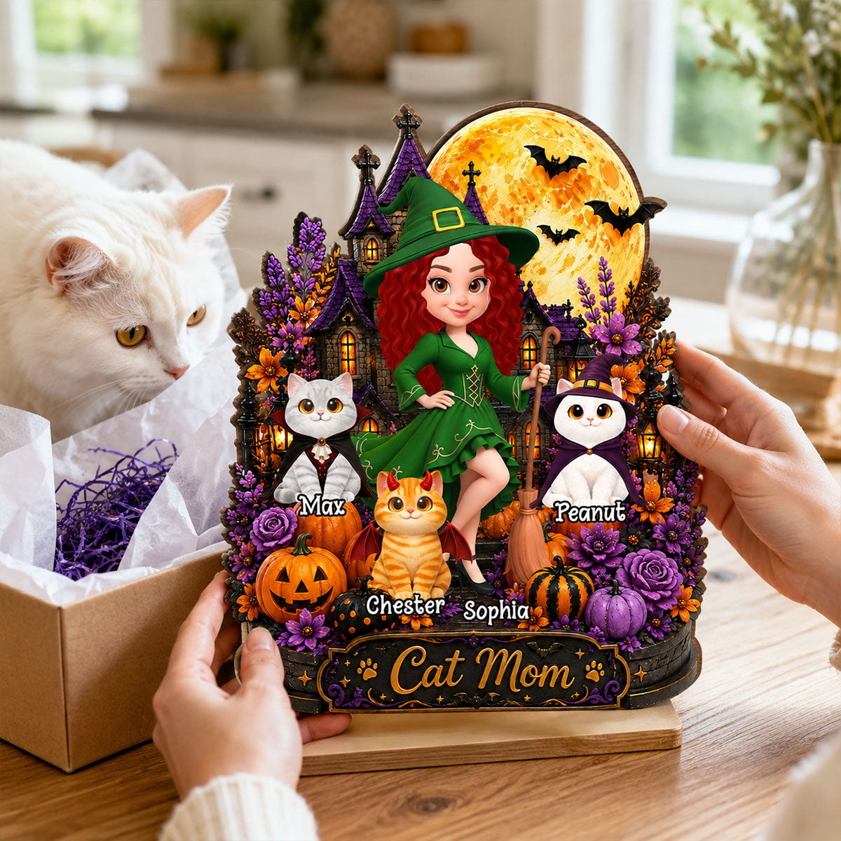 Cat Mom Witch Haunted House Moon - Personalized 2-Layered Wooden Plaque - Gift For Mom