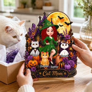 Cat Mom Witch Haunted House Moon - Personalized 2-Layered Wooden Plaque - Gift For Mom