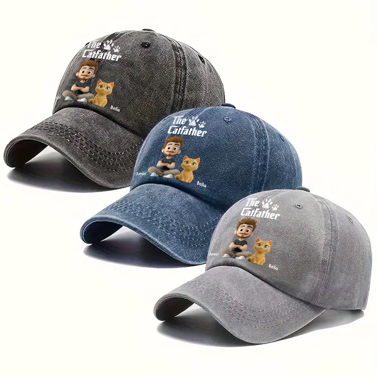 Cool Cat Father Personalized Vintage Washed Denim Cap