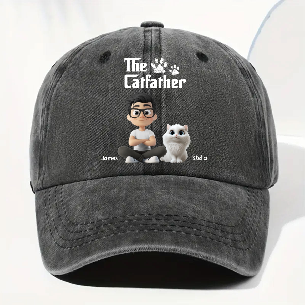 Cool Cat Father Personalized Vintage Washed Denim Cap - Black