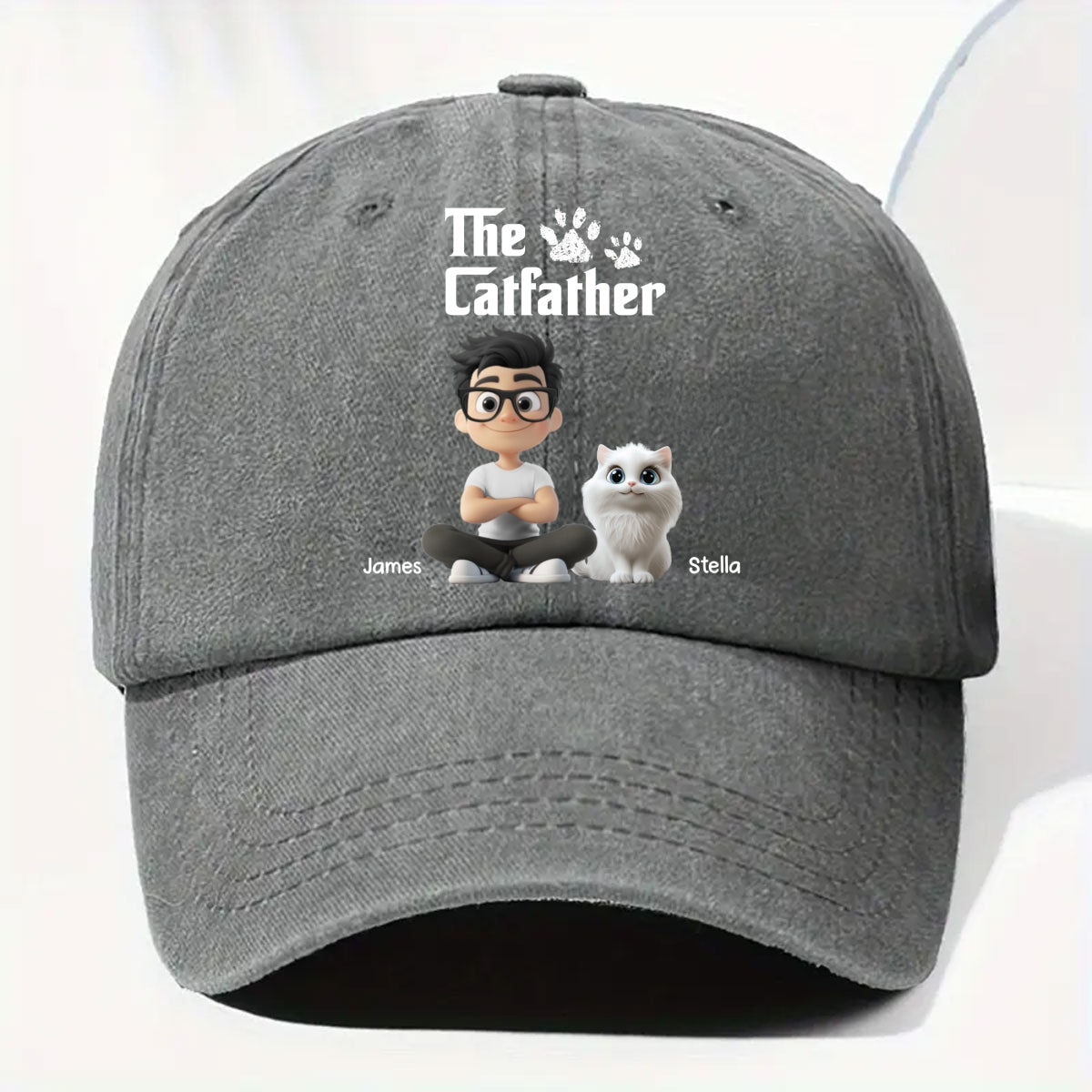Cool Cat Father Personalized Vintage Washed Denim Cap - Grey