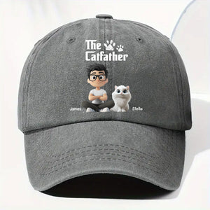 Cool Cat Father Personalized Vintage Washed Denim Cap - Grey