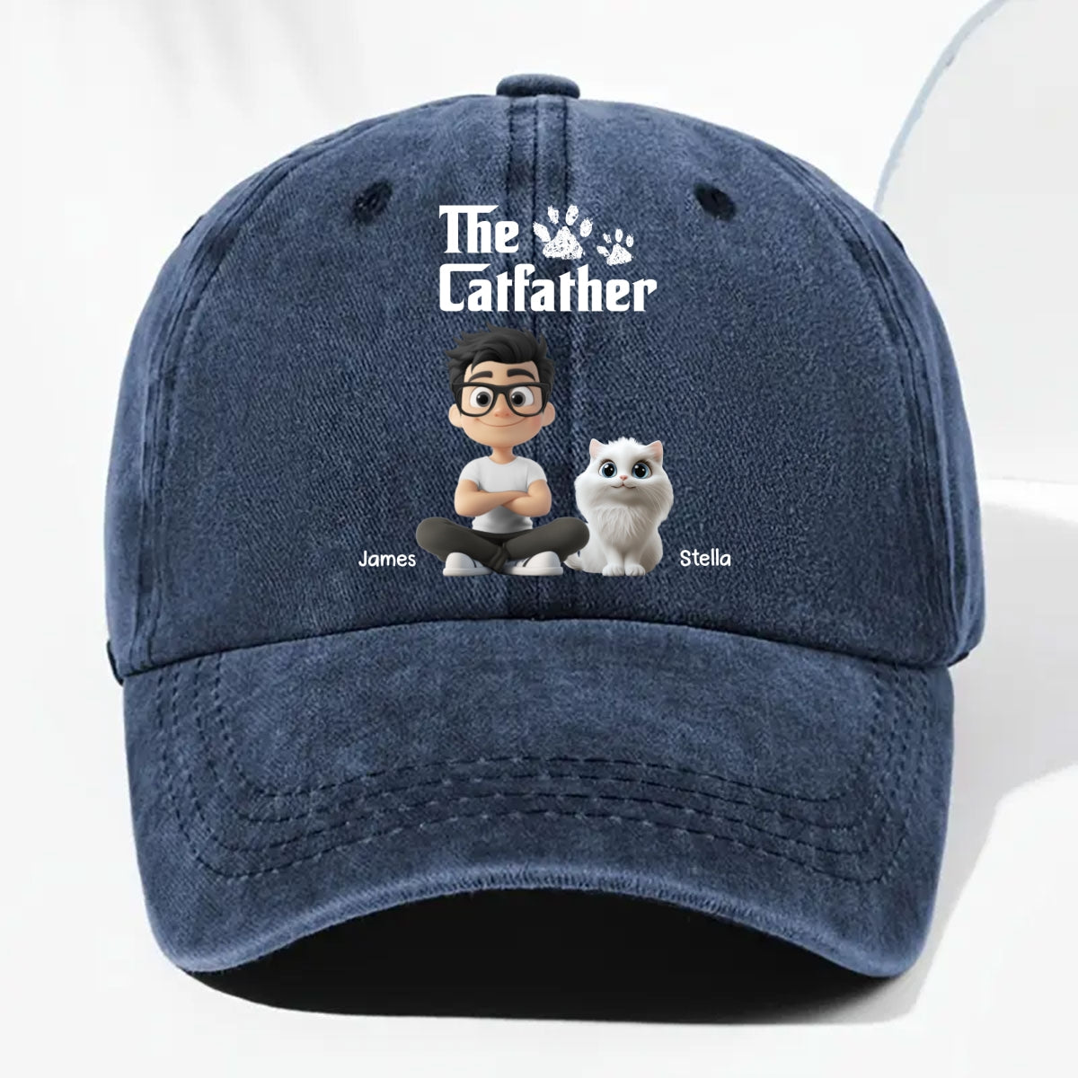 Cool Cat Father Personalized Vintage Washed Denim Cap - Royal Blue