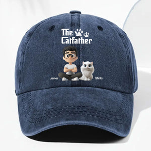 Cool Cat Father Personalized Vintage Washed Denim Cap - Royal Blue