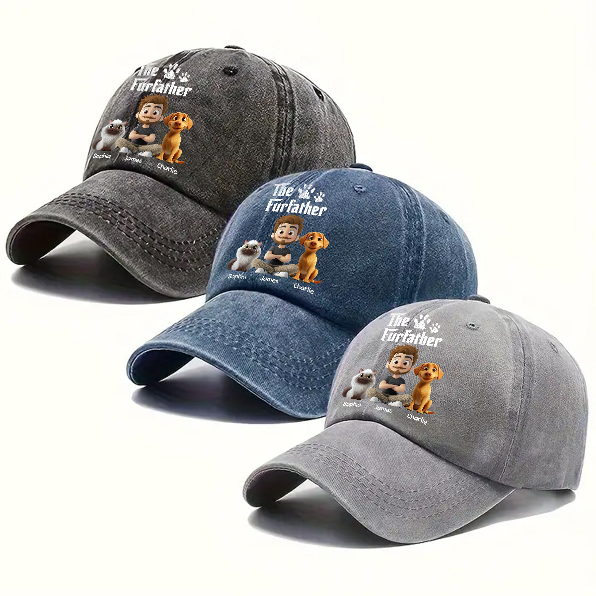 Cool Fur Father Personalized Vintage Washed Denim Cap