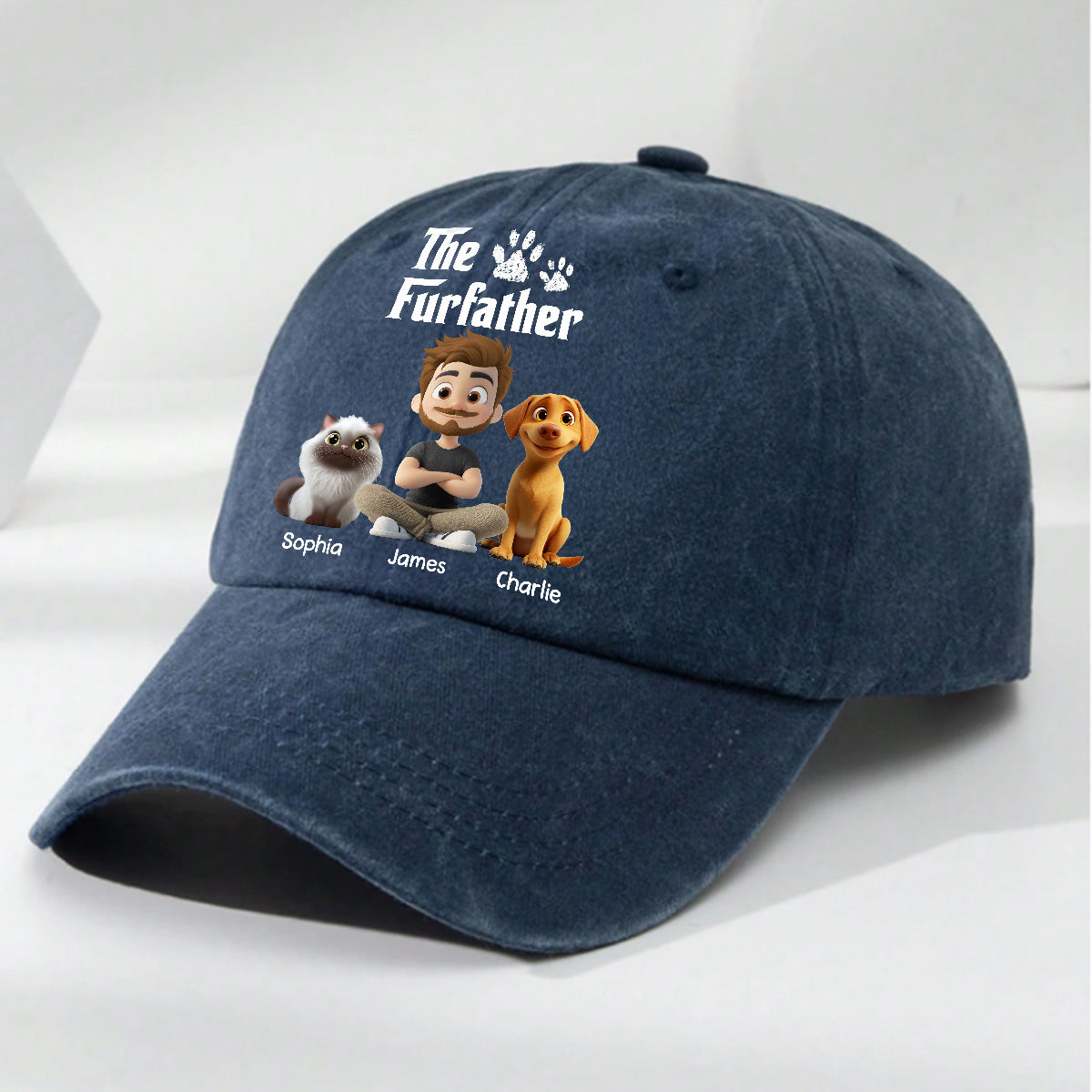 Cool Fur Father Personalized Vintage Washed Denim Cap