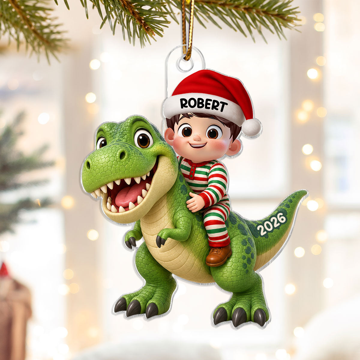 Trending Kid With Dinosaur Design For Boy Girl - Personalized Acrylic Ornament - Christmas Gift For Grandkids