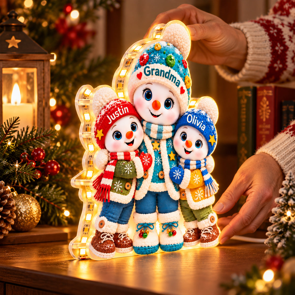 Cute Snowman Grandma And Grandkids personalized light box