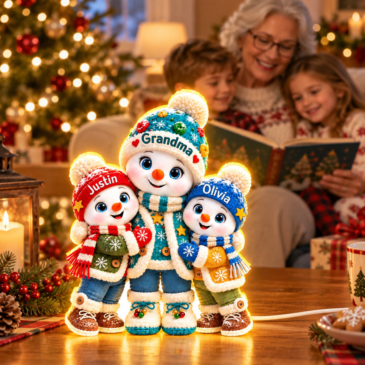 Cute Snowman Grandma And Grandkids personalized light box