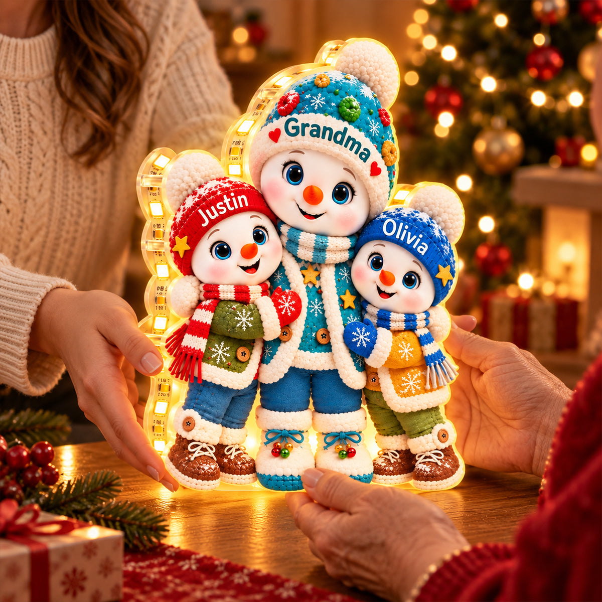 Cute Snowman Grandma And Grandkids personalized light box