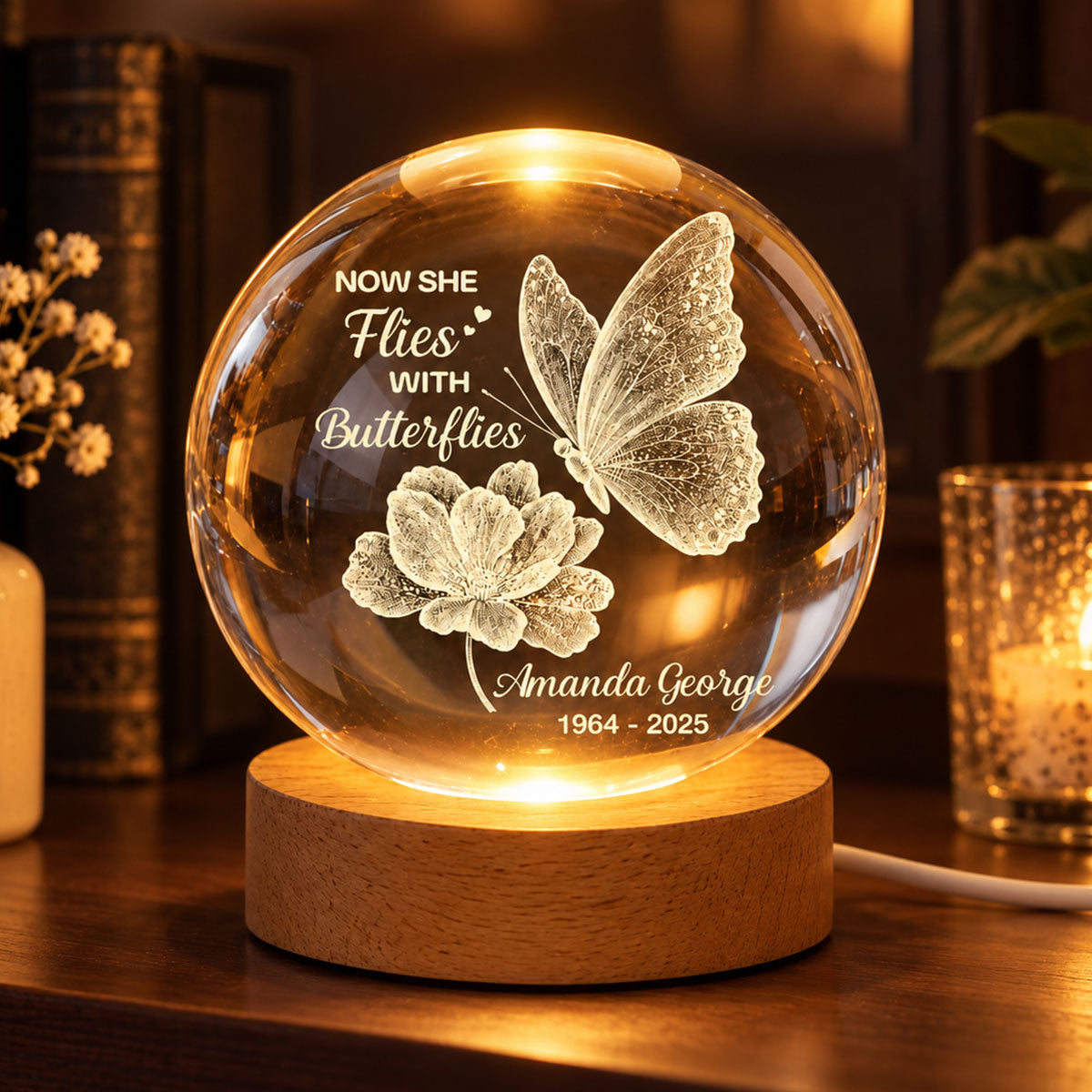 Now She Flies With Butterflies Memorial - Personalized Crystal Ball LED Night Light