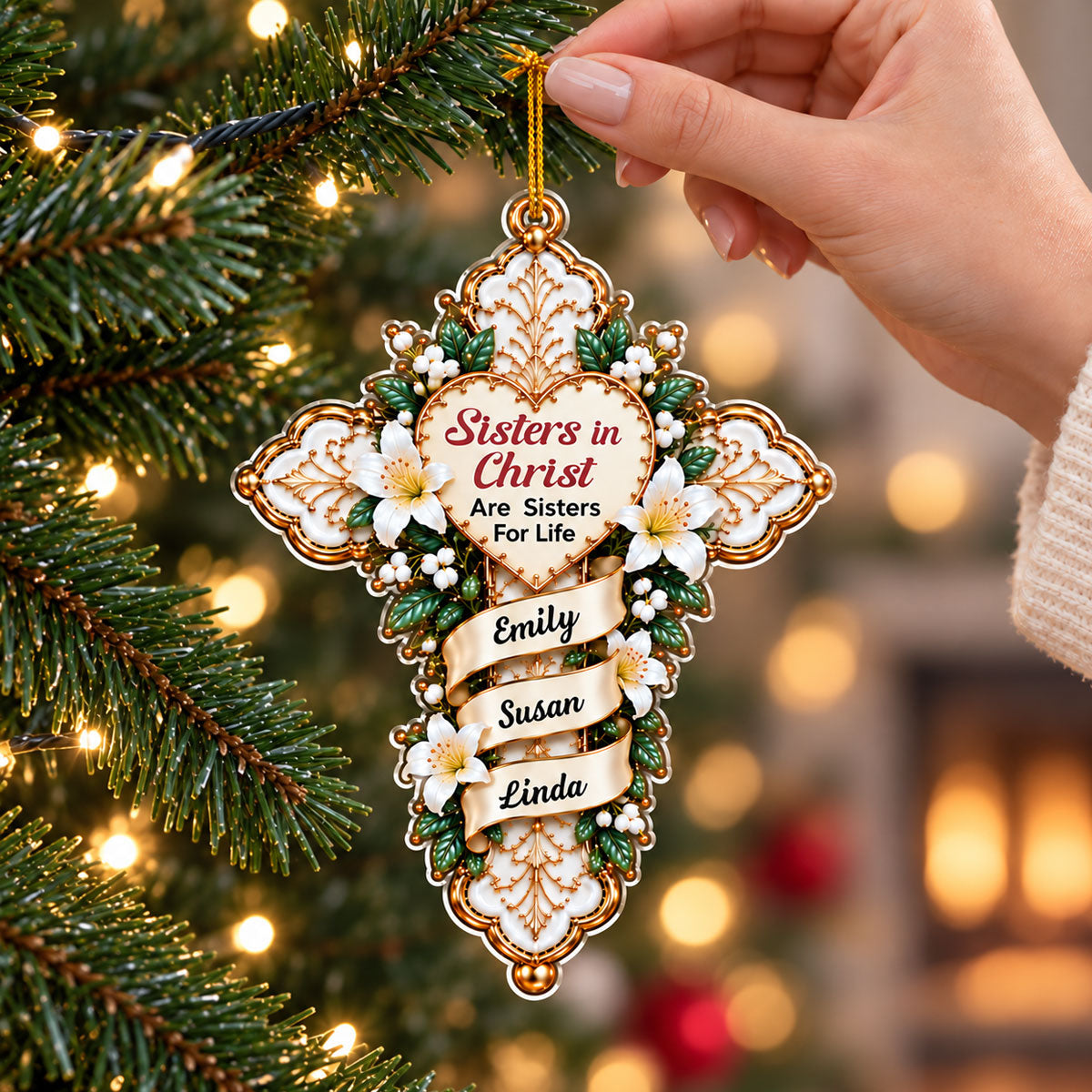 My Sisters In Christ ornament held in hand