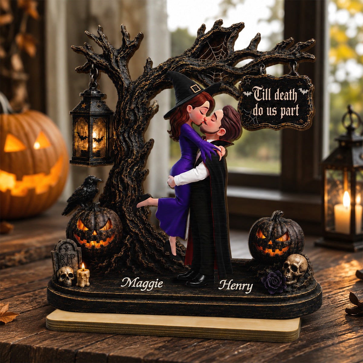 Couple Hugging Under Spooky Halloween Tree 2D Flat - Personalized 2-Layer Wooden Plaque - Tabletop Tier Tray Wicca Pagan Decor
