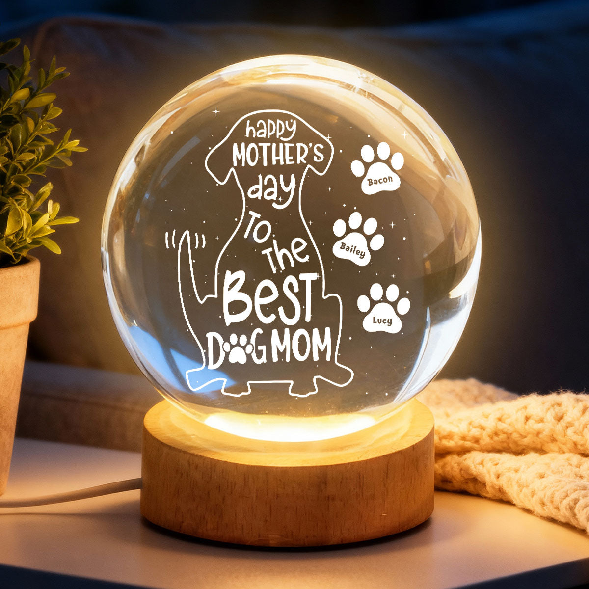 Happy Mother's Day Dog Mom - Personalized Crystal Ball LED Night Light