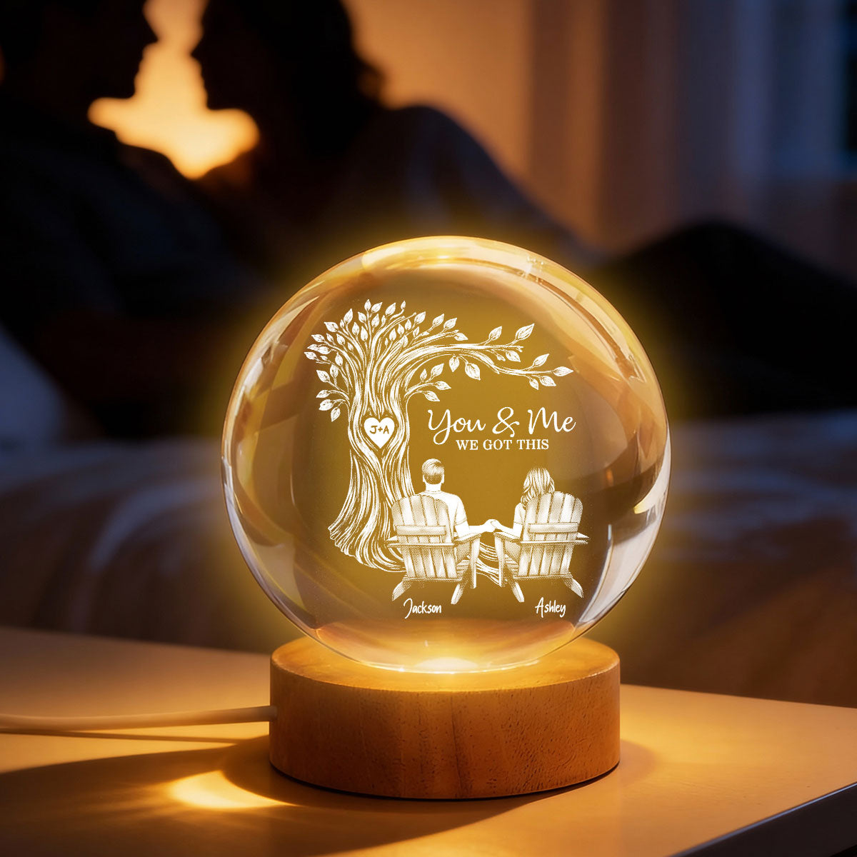 Eternal Love Couple Under Heart Carved Tree - Personalized Crystal Ball LED Night Light