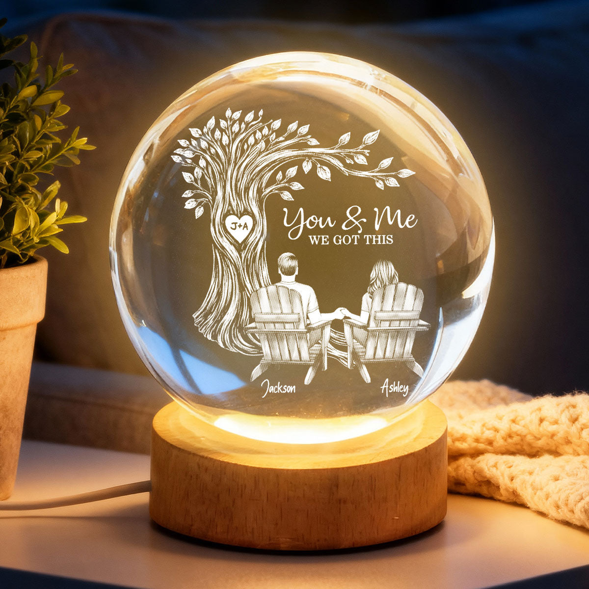 Eternal Love Couple Under Heart Carved Tree - Personalized Crystal Ball LED Night Light
