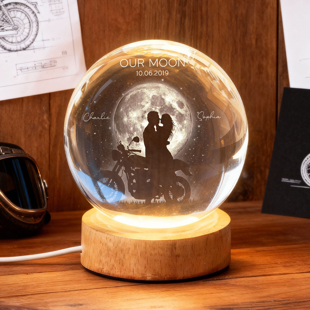 Biker Couple in the Moonlight, Custom Moon Phase by Date - Personalized Crystal Ball LED Night Light