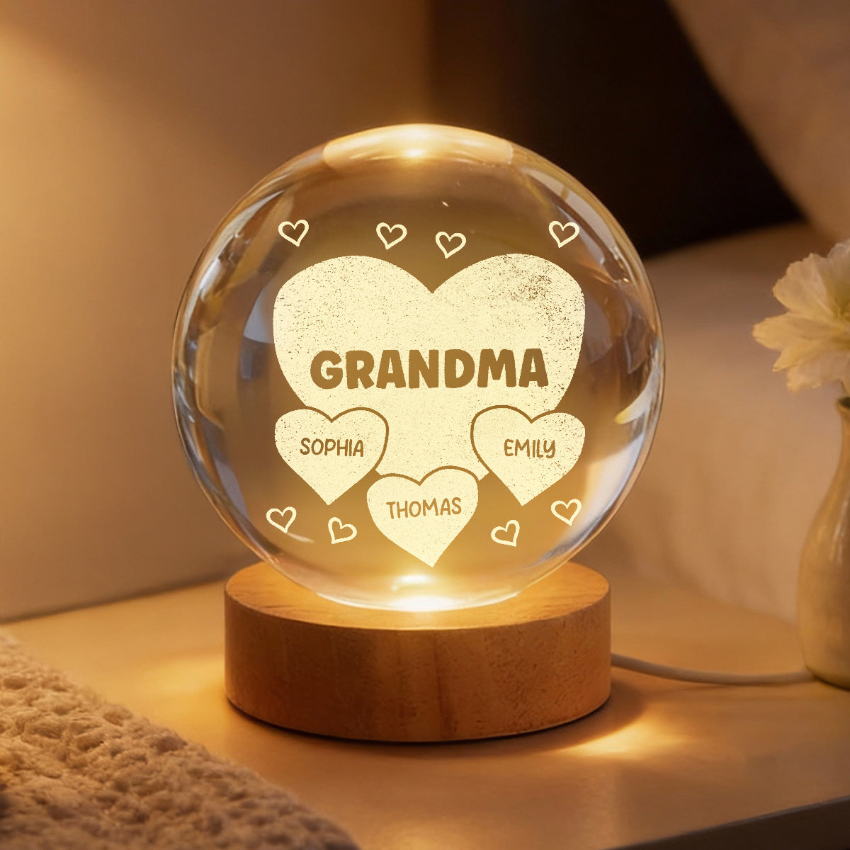 Grandma Mom Hearts Custom Kids Names - Personalized Crystal Ball LED Night Light