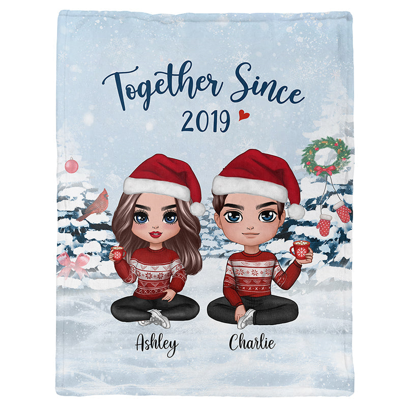 Christmas Doll Couple Sitting Personalized Fleece Blanket
