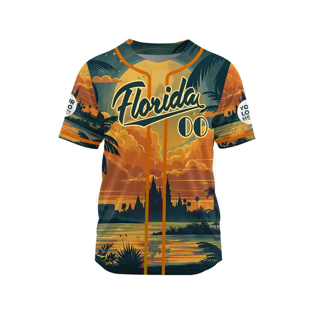 Teal Orange Florida Summer Beach In Sunset Custom Name Baseball Jerseys For Men & Women
