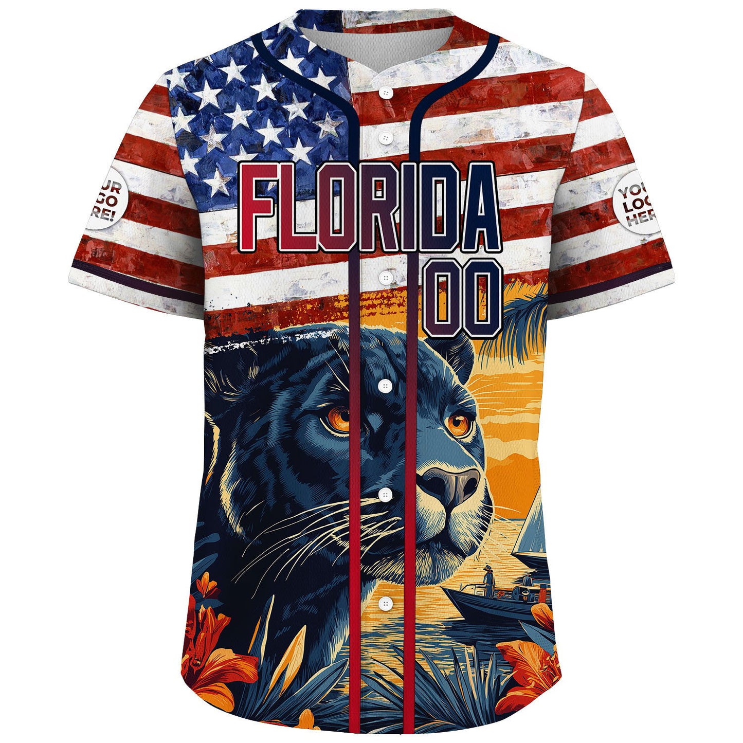Red Navy Florida American Flag Prowling Panther Custom Name Baseball Jerseys For Men & Women