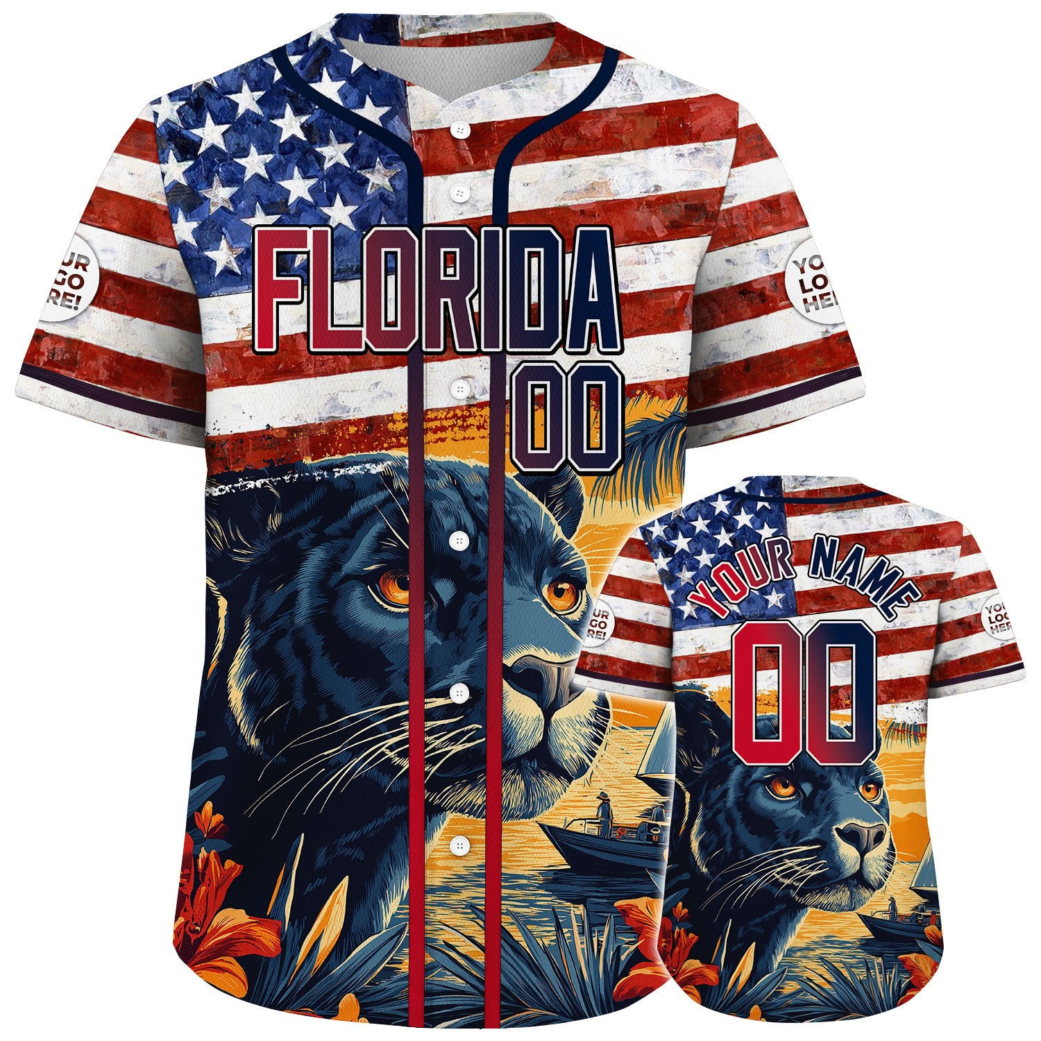 Red Navy Florida American Flag Prowling Panther Custom Name Baseball Jerseys For Men & Women