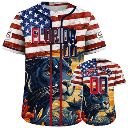 Red Navy Florida American Flag Prowling Panther Custom Name Baseball Jerseys For Men & Women