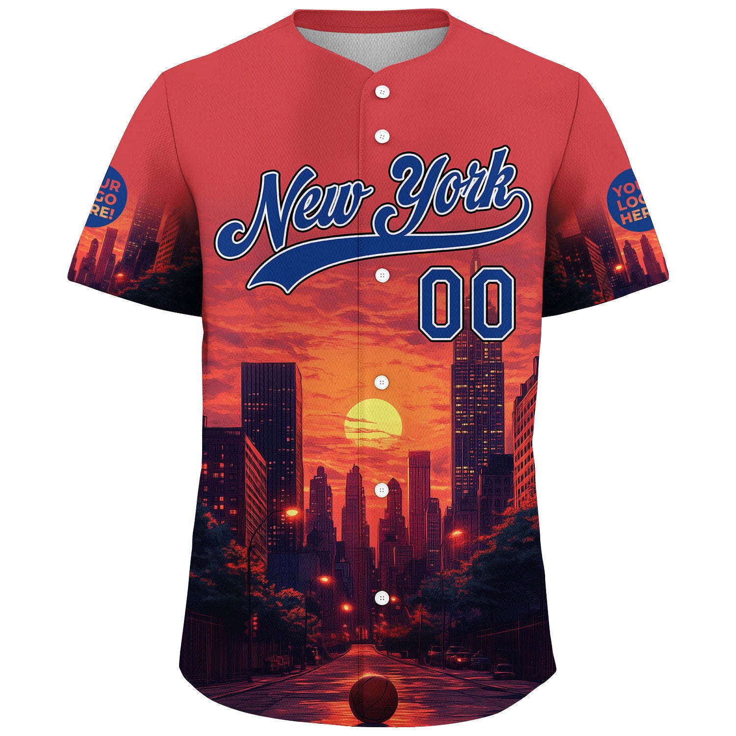 Blue Red New York City Sunset Cityscape Custom Name Baseball Jerseys For Men & Women