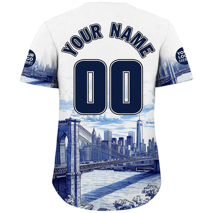 Navy White New York City Brooklyn Bridge Empire State Building Custom Name Baseball Jerseys For Men & Women