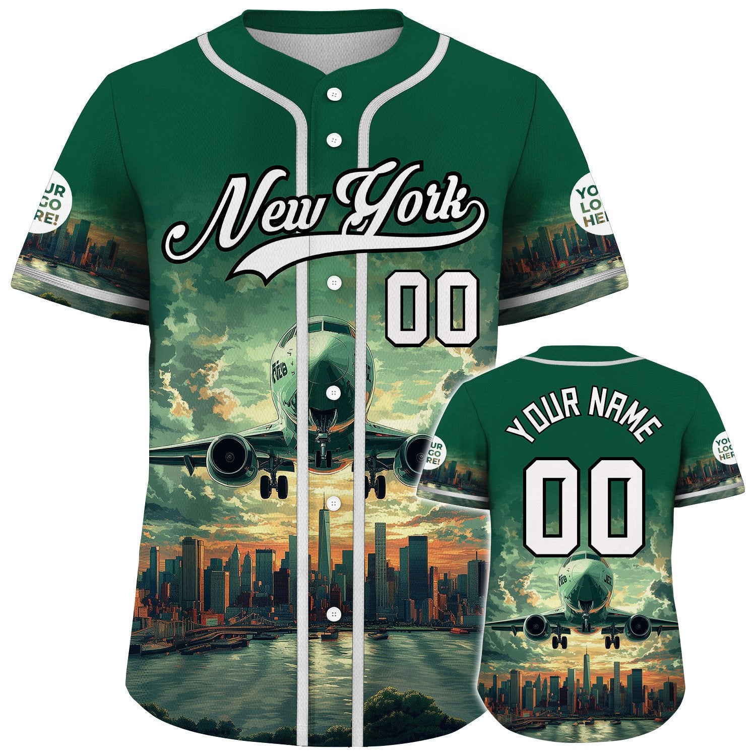 White Gotham Green New York City Airplane Leave City Skyline City Backdrop Custom Name Baseball Jerseys For Men & Women