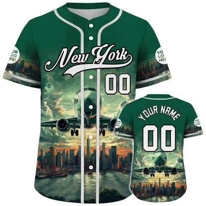 White Gotham Green New York City Airplane Leave City Skyline City Backdrop Custom Name Baseball Jerseys For Men & Women