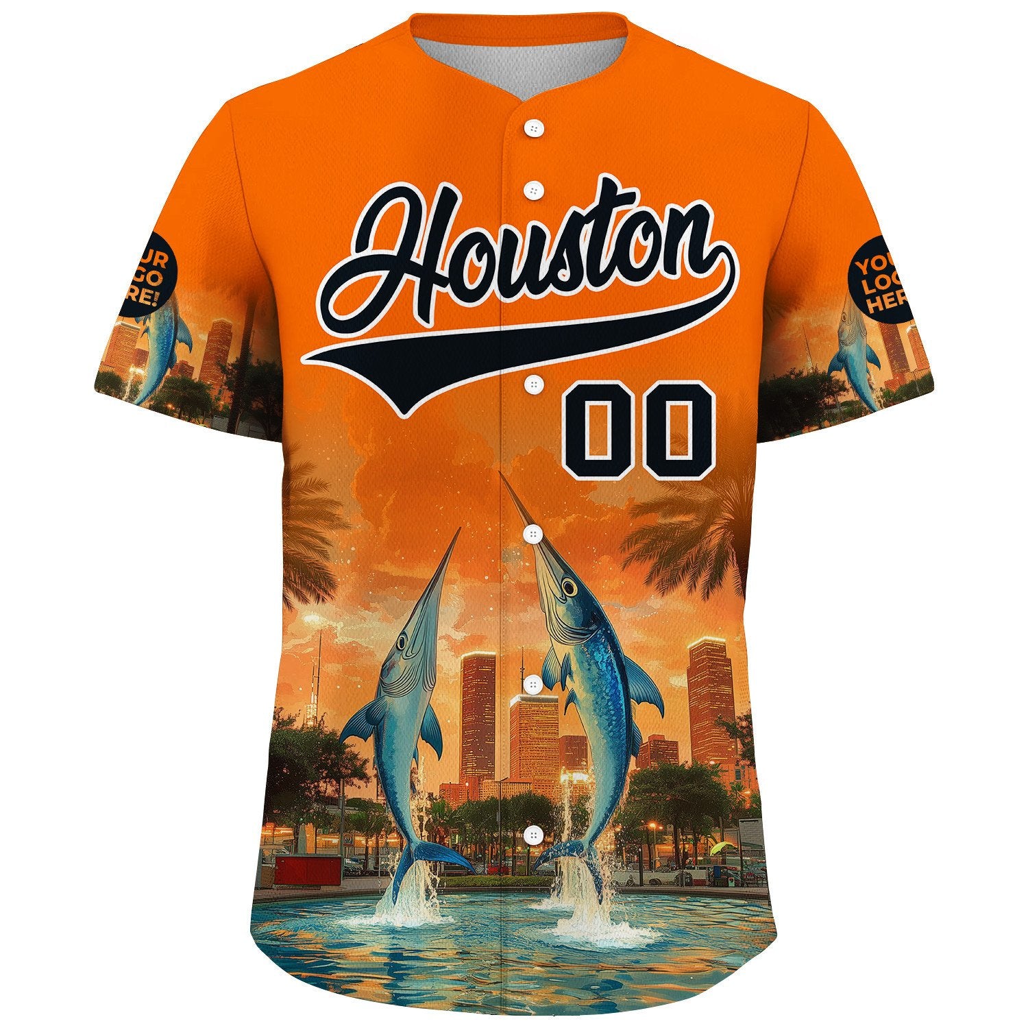 Black Orange Houston City Texas District Marlin In Fountain Summer Sunset Custom Name Baseball Jerseys For Men & Women