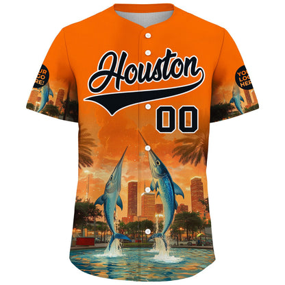 Black Orange Houston City Texas District Marlin In Fountain Summer Sunset Custom Name Baseball Jerseys For Men & Women