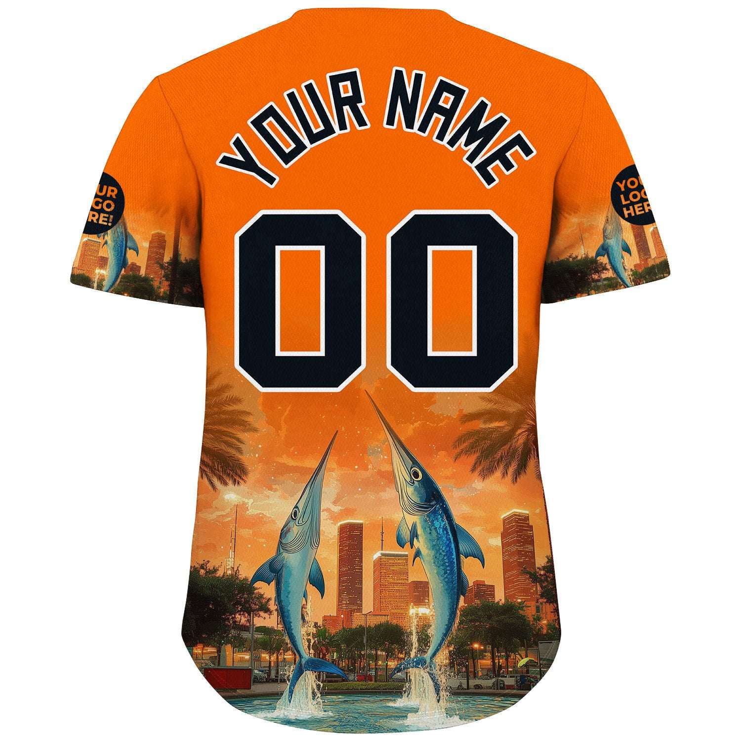 Black Orange Houston City Texas District Marlin In Fountain Summer Sunset Custom Name Baseball Jerseys For Men & Women
