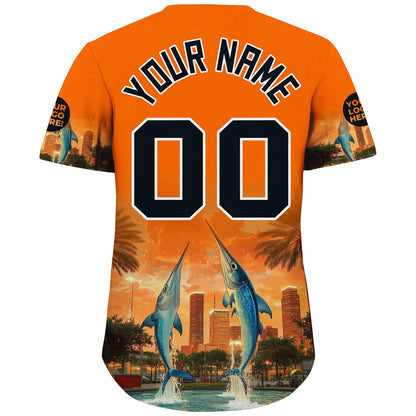 Black Orange Houston City Texas District Marlin In Fountain Summer Sunset Custom Name Baseball Jerseys For Men & Women