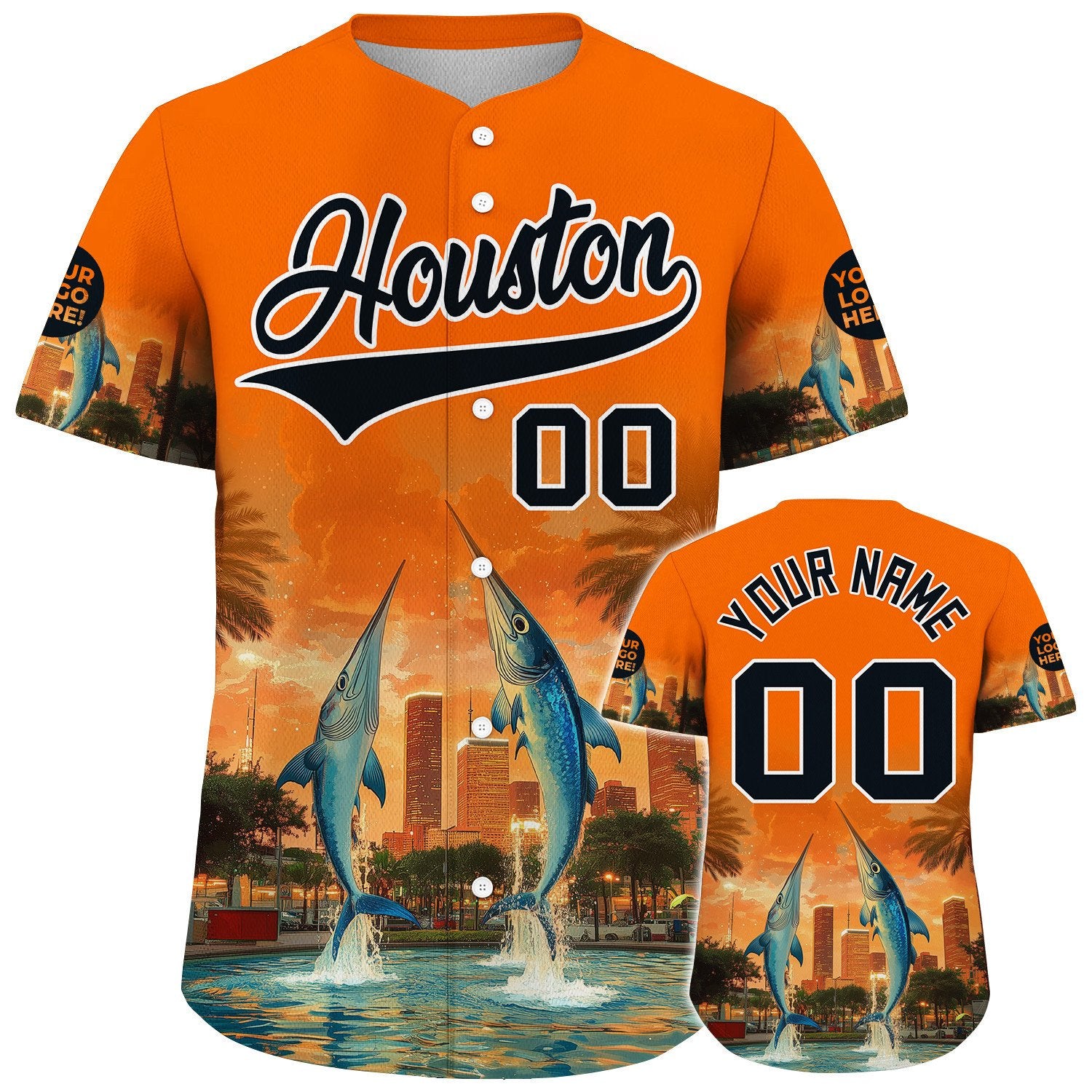 Black Orange Houston City Texas District Marlin In Fountain Summer Sunset Custom Name Baseball Jerseys For Men & Women