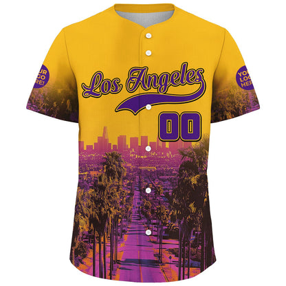 Purple Gold Los Angeles Way Downtown City Sunset Custom Name Baseball Jerseys For Men & Women