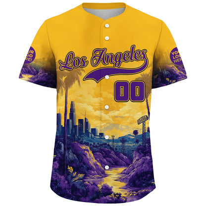 Gold Purple Los Angeles Summer Sunset City Skyline Tropical River View Custom Name Baseball Jerseys For Men & Women