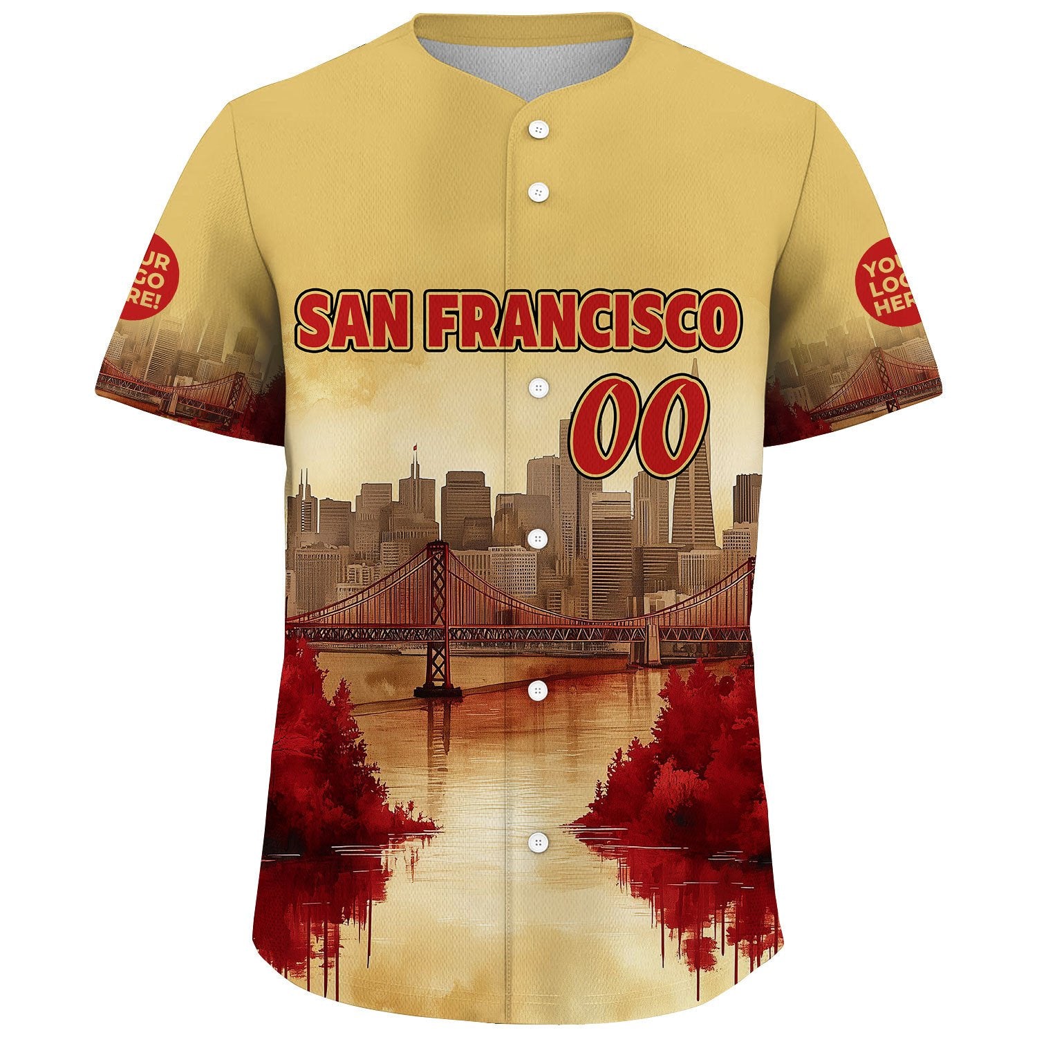 Scarlet Red Gold San Francisco California Golden Gate Bridge Autumn Sunset River View Custom Name Baseball Jerseys For Men & Women