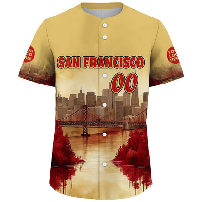 Scarlet Red Gold San Francisco California Golden Gate Bridge Autumn Sunset River View Custom Name Baseball Jerseys For Men & Women