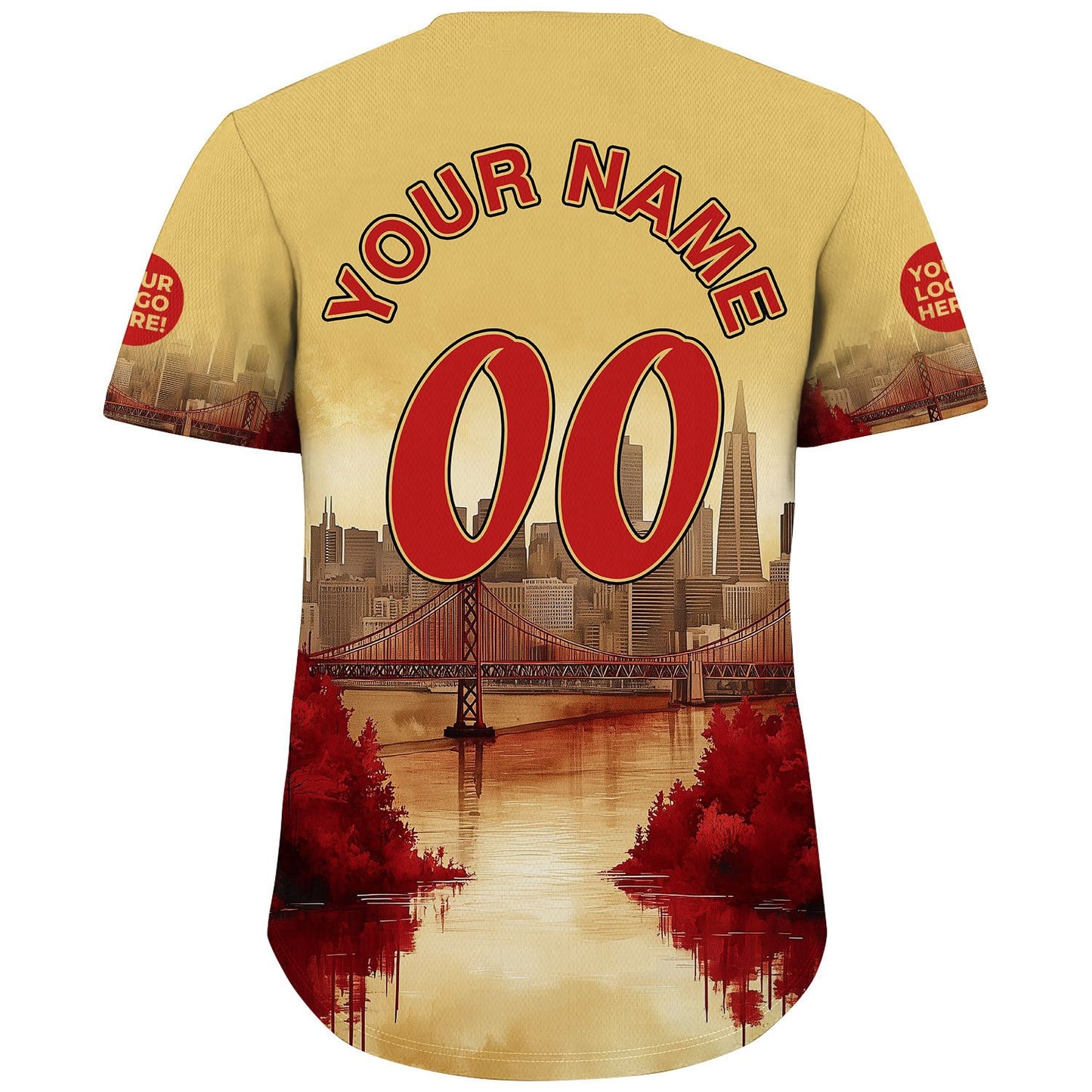 Scarlet Red Gold San Francisco California Golden Gate Bridge Autumn Sunset River View Custom Name Baseball Jerseys For Men & Women