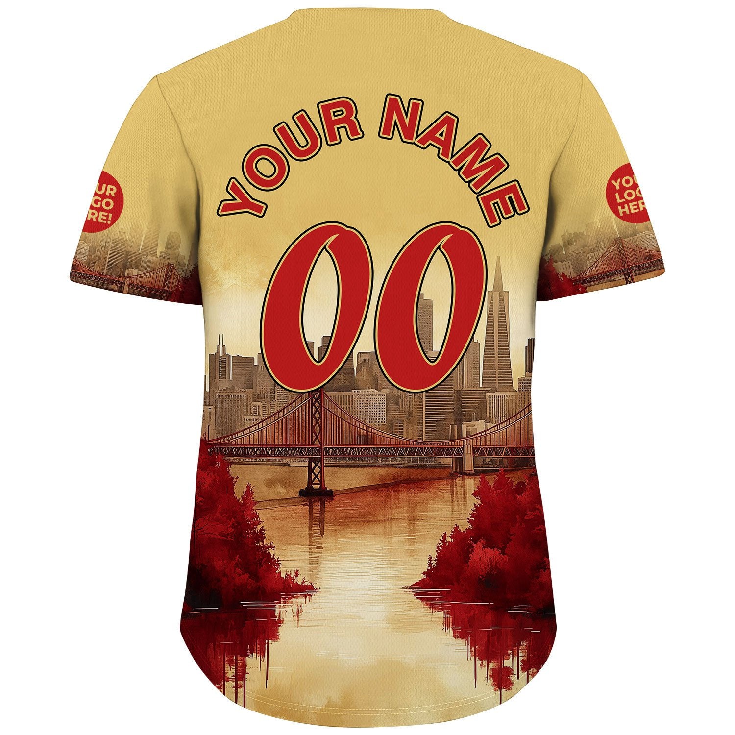 Scarlet Red Gold San Francisco California Golden Gate Bridge Autumn Sunset River View Custom Name Baseball Jerseys For Men & Women
