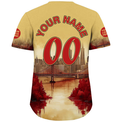 Scarlet Red Gold San Francisco California Golden Gate Bridge Autumn Sunset River View Custom Name Baseball Jerseys For Men & Women