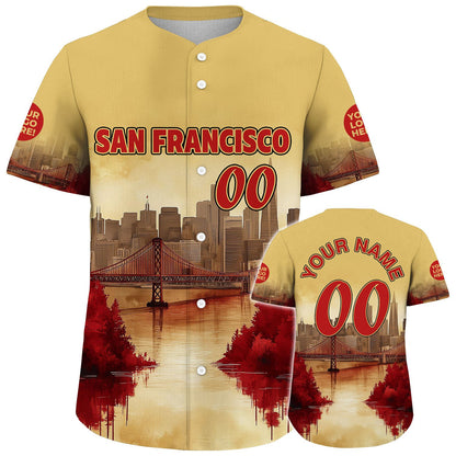 Scarlet Red Gold San Francisco California Golden Gate Bridge Autumn Sunset River View Custom Name Baseball Jerseys For Men & Women