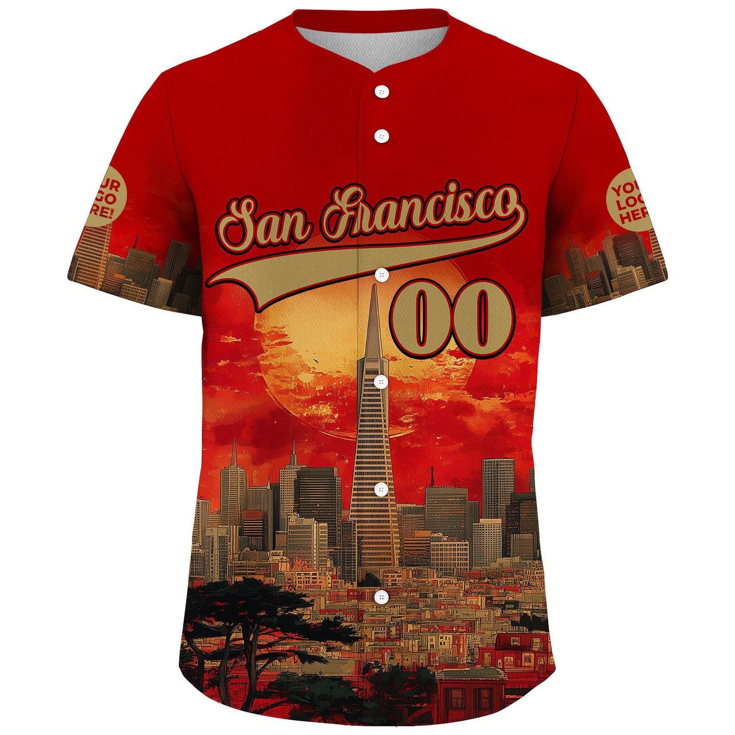 Gold Scarlet Red San Francisco California Transamerica Pyramid Summer Sunset City View Custom Name Baseball Jerseys For Men & Women